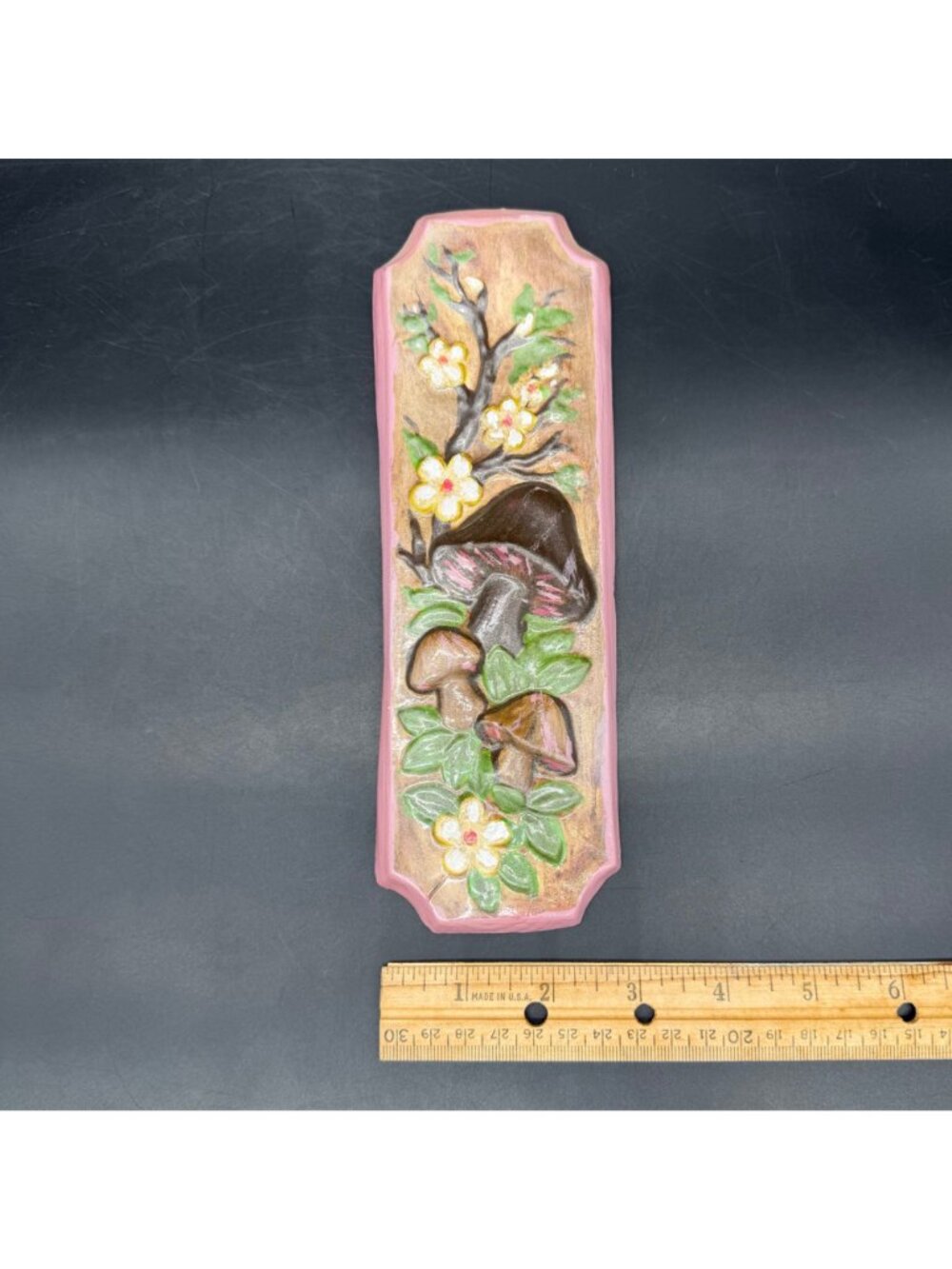 Vintage Mushrooms Flowers Wall Hanging Plaque Chalkware 70s Pink Brown Botanical - Picture 7 of 7